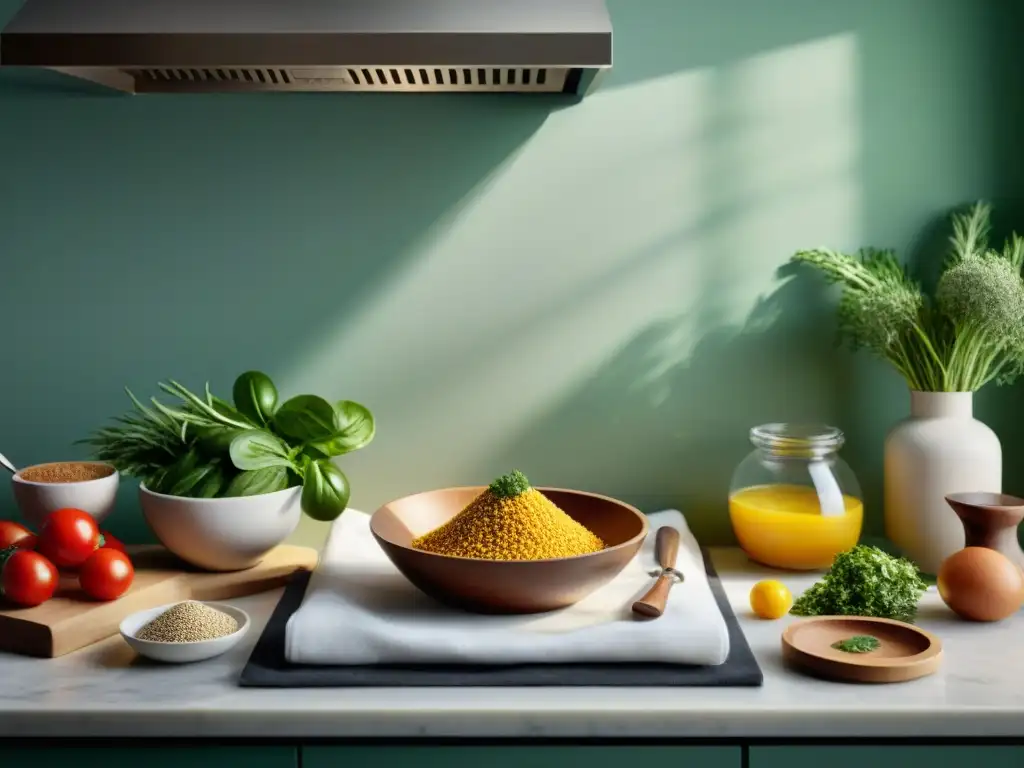 Escena de cocina serena con ingredientes sin gluten organizados meticulosamente en una encimera de mármol