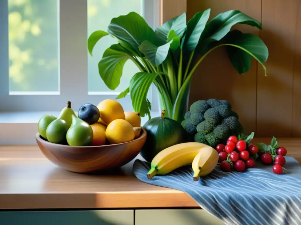 Una escena de cocina serena e inspiradora con frutas y verduras coloridas en una encimera de madera