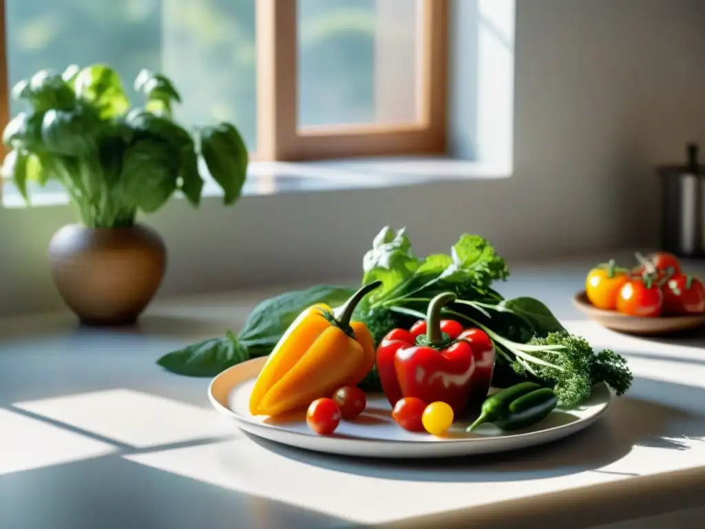 Escena de cocina serena con mesa de madera rústica y coloridas verduras, tempeh sin gluten receta fácil