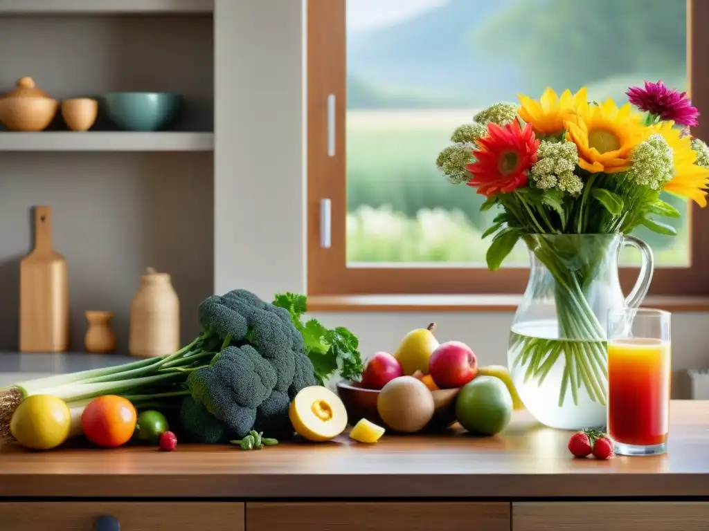 Escena de cocina serena con mesa de madera llena de frutas, verduras y granos sin gluten