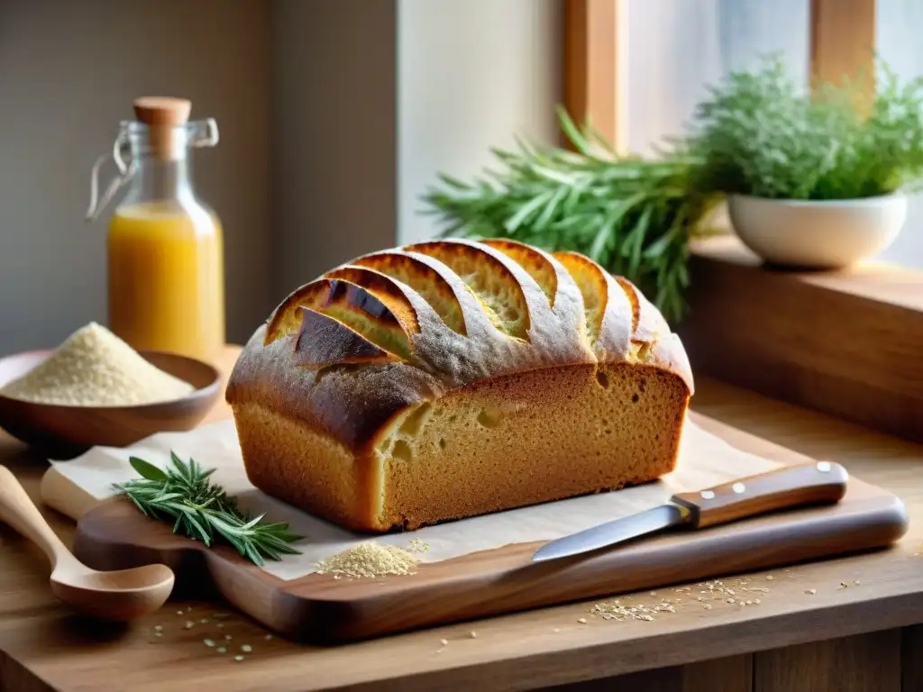 Una escena de cocina serena con pan sin gluten dorado enfriándose en tabla de madera, rodeado de ingredientes de repostería sin gluten