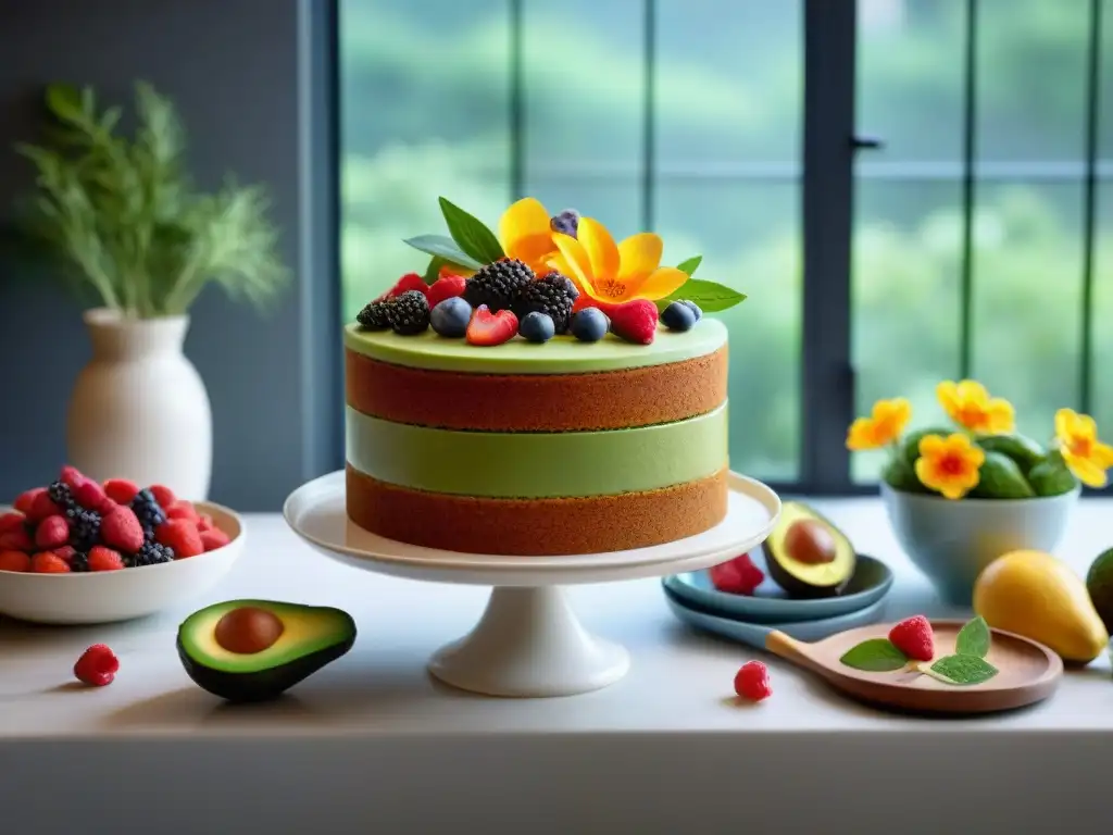 Escena de cocina serena con recetas innovadoras sin gluten y una torta decorada con flores comestibles y bayas frescas