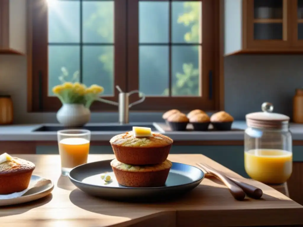 Escena de cocina serena con recetas sin gluten para ansiedad: muffins de almendra, pan de plátano de quinua y panqueques de coco con jarabe de arce