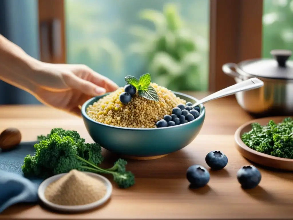 Escena de cocina vibrante con superalimentos coloridos como quinoa, arándanos y nueces, para platos sin gluten con superalimentos