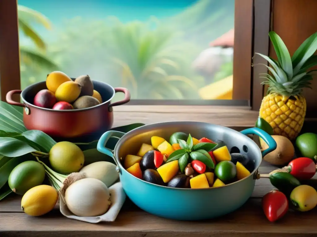 Una escena caribeña colorida con frutas tropicales vibrantes y una olla de guiso sin gluten