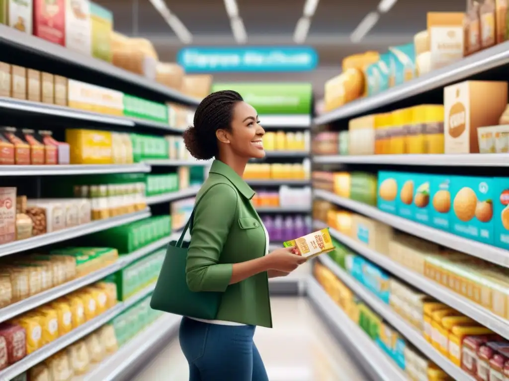 Una escena de comunidad empoderada y unida en un pasillo de supermercado moderno lleno de productos sin gluten