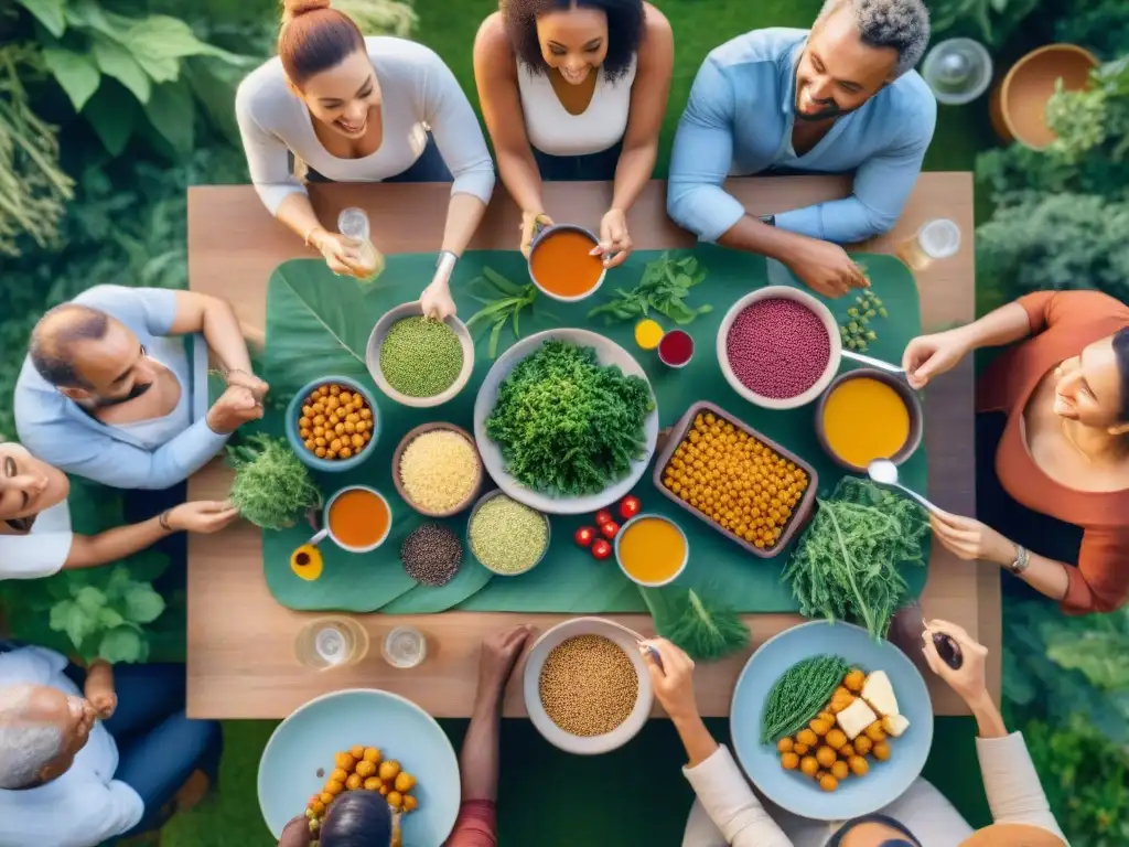 Una escena de comunidad disfrutando juntos de una comida vegana en un jardín al atardecer