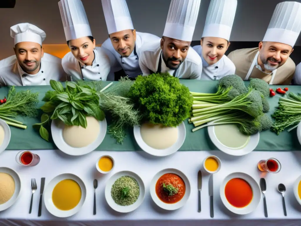 Una escena culinaria innovadora con chefs de diversas culturas probando salsas sin gluten importadas