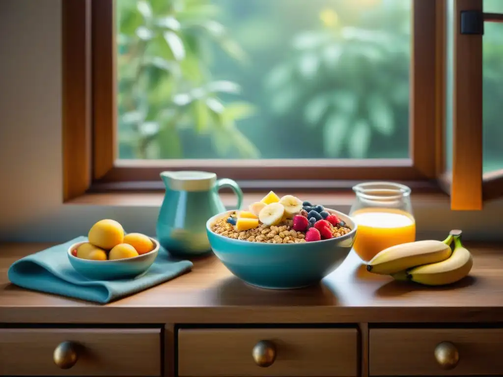 Escena de desayuno acogedora con marcas cereales sin gluten recomendadas y coloridas frutas frescas