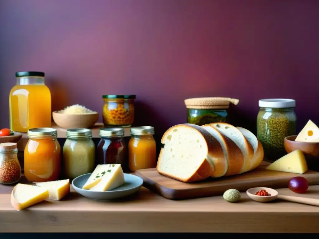 Una escena detallada de alimentos fermentados sin gluten en una mesa de madera, incluyendo pan de masa madre, kimchi, kombucha y quesos artesanales