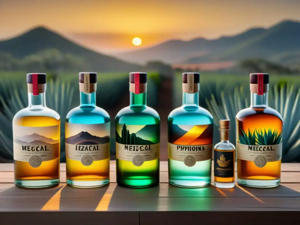 Una escena detallada de botellas artesanales de mezcal sin gluten en una mesa rústica, con motivos mexicanos y un campo de agave al atardecer