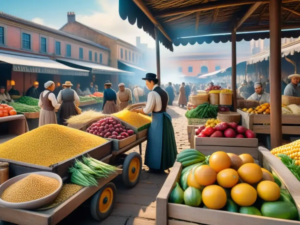 Escena detallada de un bullicioso mercado del siglo XIX con productos frescos y granos, resaltando la dieta sin gluten en la Revolución Industrial