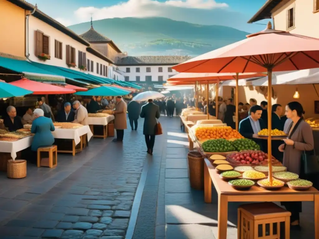 Una escena detallada de un bullicioso mercado al aire libre en Granada, con recetas sin gluten innovadoras