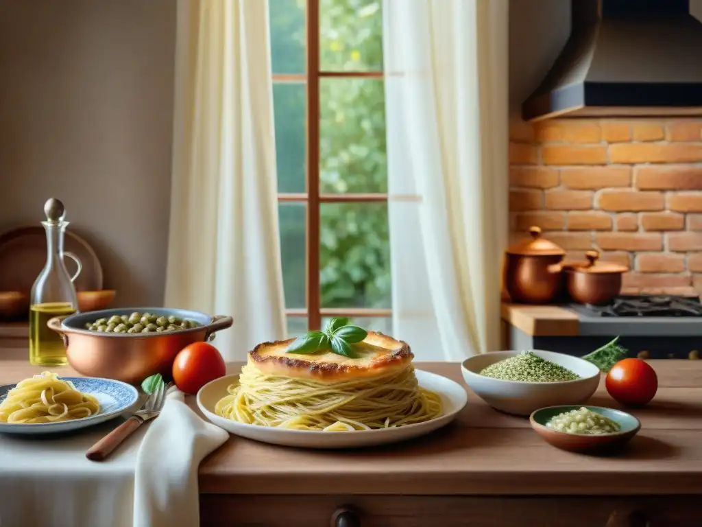 Una escena detallada de una cocina italiana tradicional sin gluten, con platos auténticos y una atmósfera cálida y acogedora