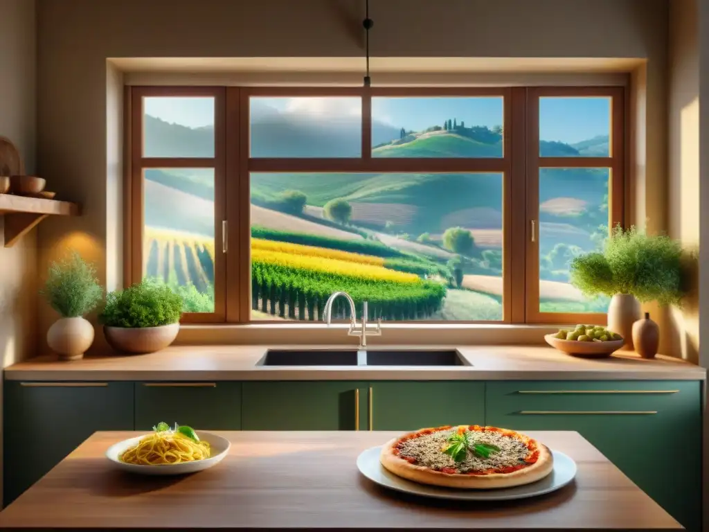 Una escena detallada de una cocina italiana tradicional sin gluten con una mesa rústica llena de deliciosos platillos y una cálida luz de sol