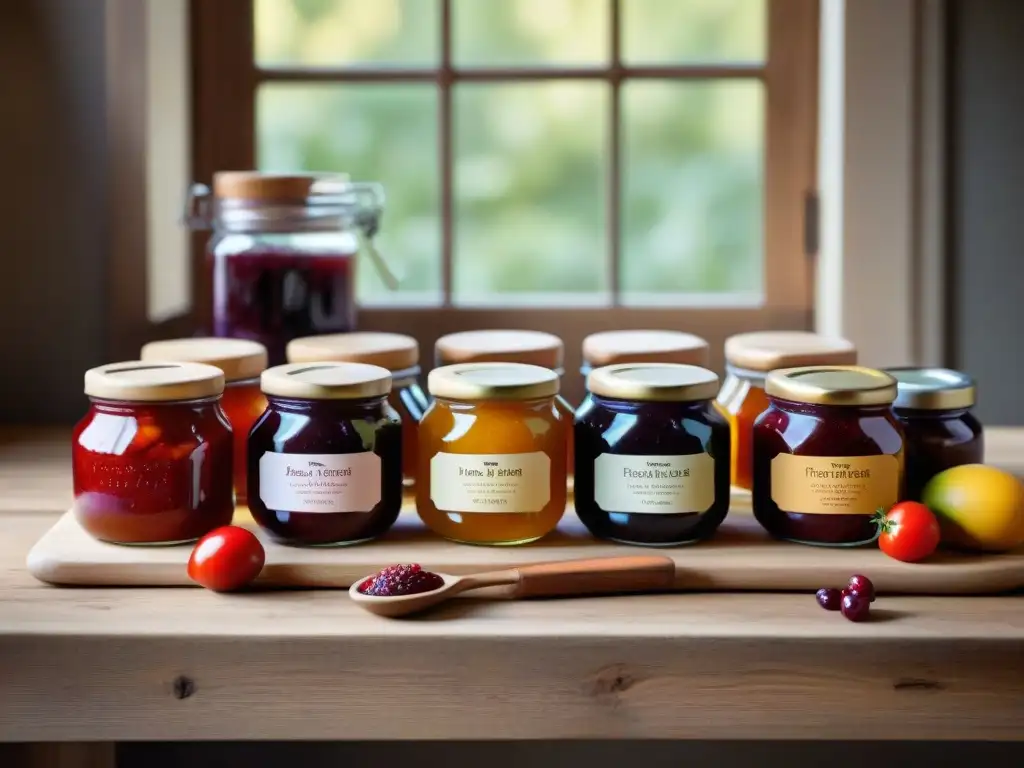 Una escena detallada y colorida de tarros de chutneys y mermeladas fermentadas en una mesa rústica de madera