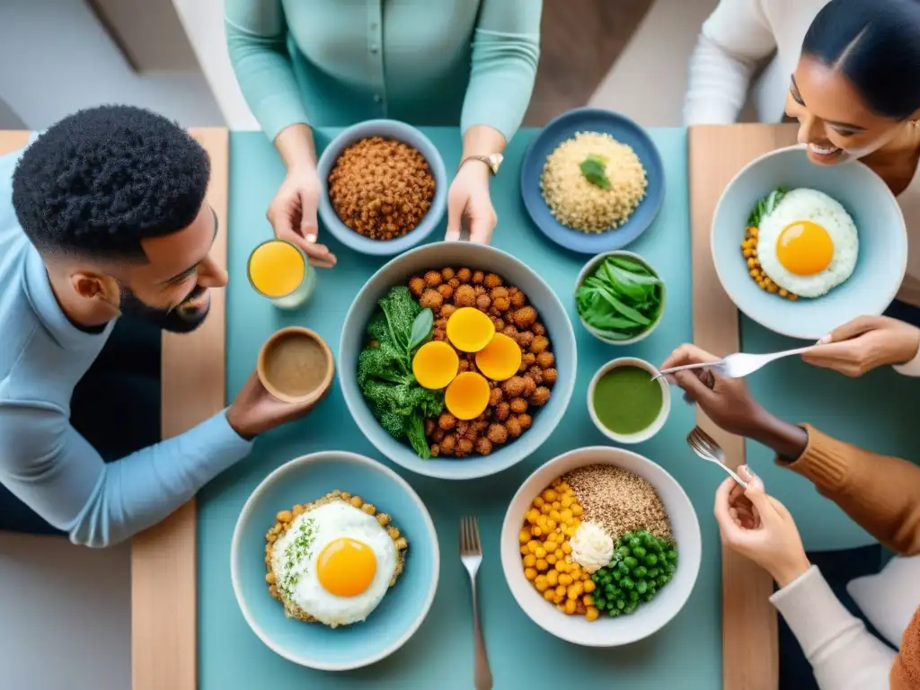 Una escena detallada y emocionante de personas disfrutando juntas de una comida saludable a base de sorgo sin gluten en una cocina acogedora y soleada