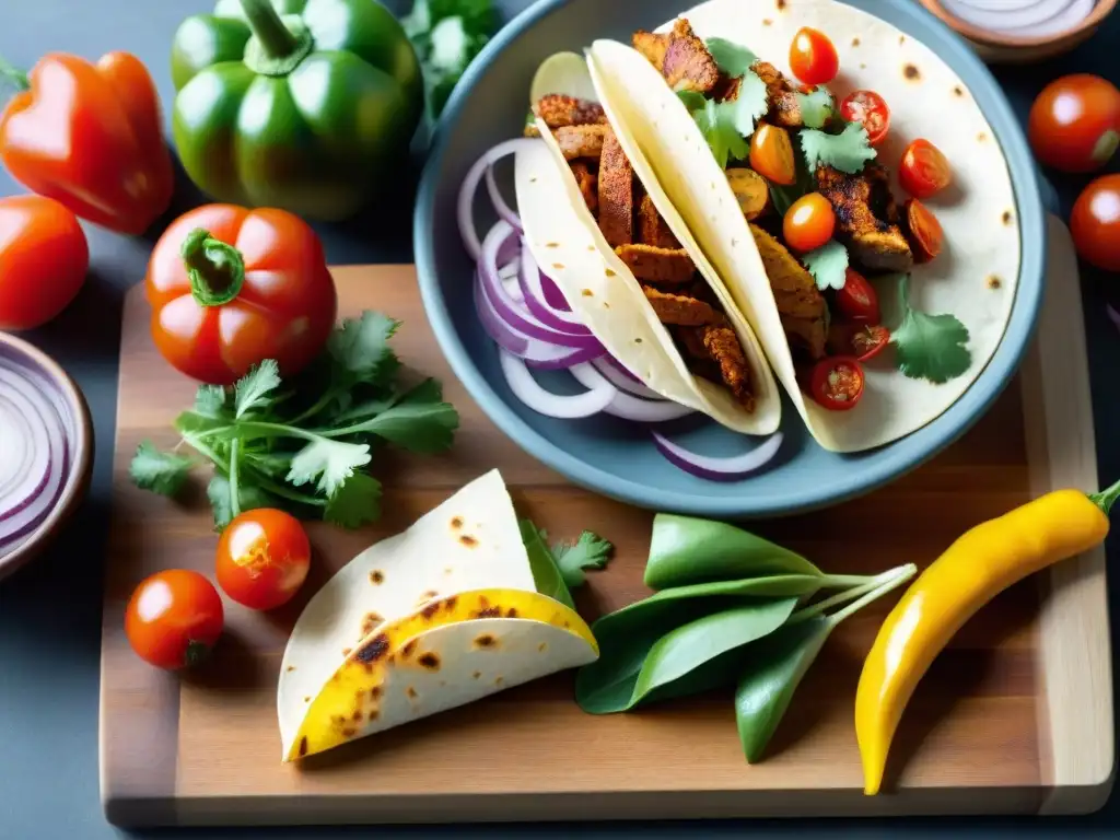 Tacos sin gluten: explosión de color y frescura en tabla rústica Escena detallada de ingredientes para tacos sin gluten en tabla de madera rústica, iluminada por cálida luz del sol