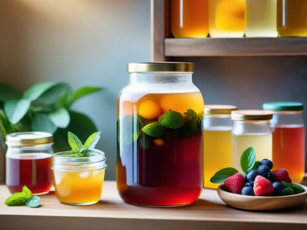 Escena detallada de preparación de kombucha con burbujas en frasco, rodeada de frutas y hierbas