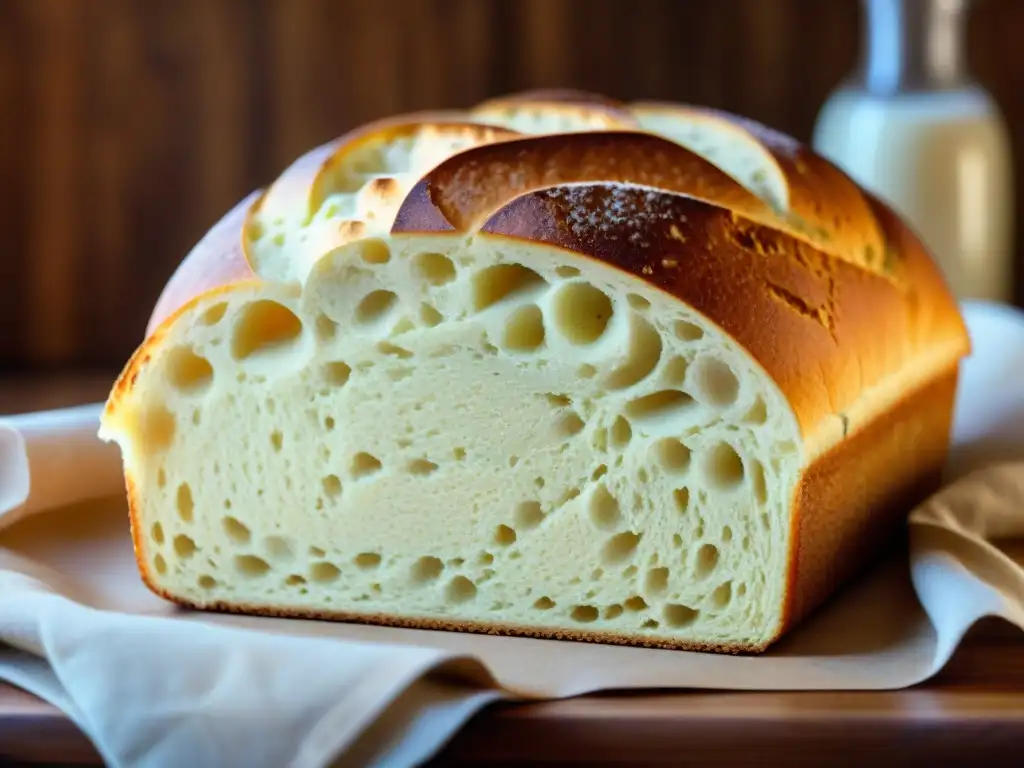 Una escena detallada de un pan sin gluten perfecto recién horneado, con ingredientes esparcidos sobre una mesa rústica