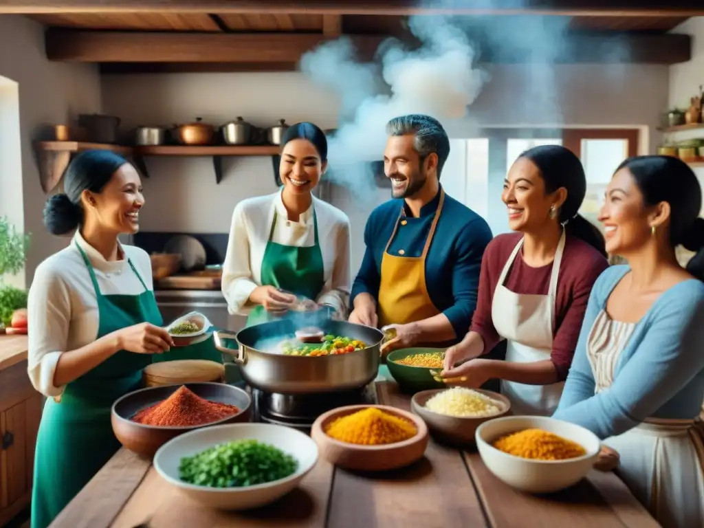 Una escena detallada de personas cocinando y compartiendo en una cocina rústica, creando un ambiente cálido y acogedor