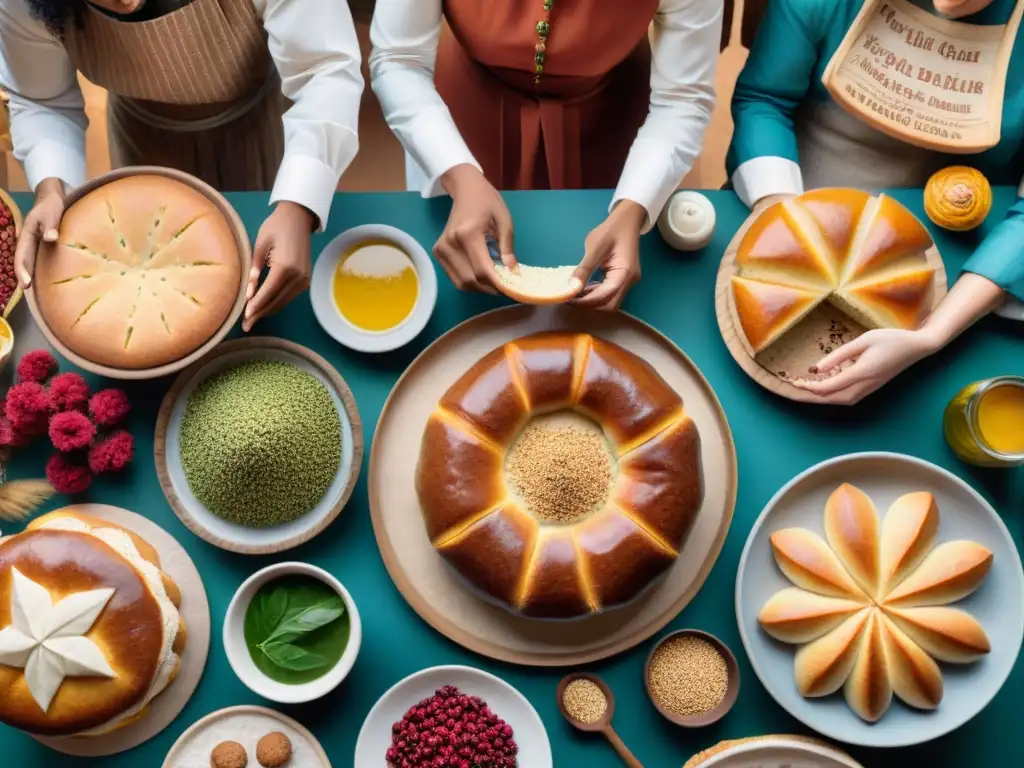 Escena detallada de personas de distintas culturas compartiendo recetas panadería sin gluten históricas en un festivo encuentro culinario