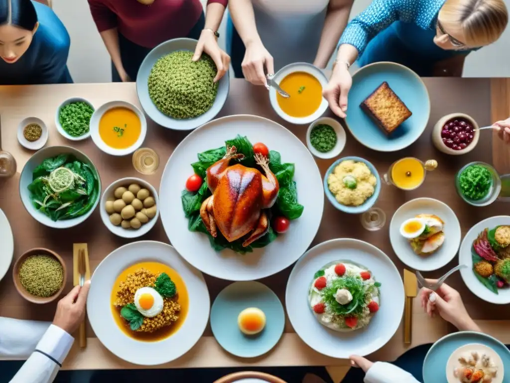 Una escena detallada de personas diversas disfrutando de recetas sin gluten innovadoras en una mesa elegante