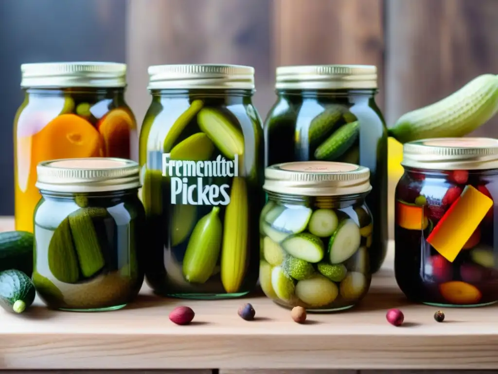 Una escena detallada de tarros de fermentados sin gluten, resaltando colores, formas y etiquetas hechas a mano