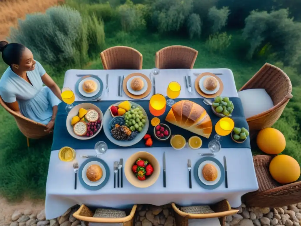 Una escena encantadora de personas compartiendo una comida sin gluten al aire libre al atardecer