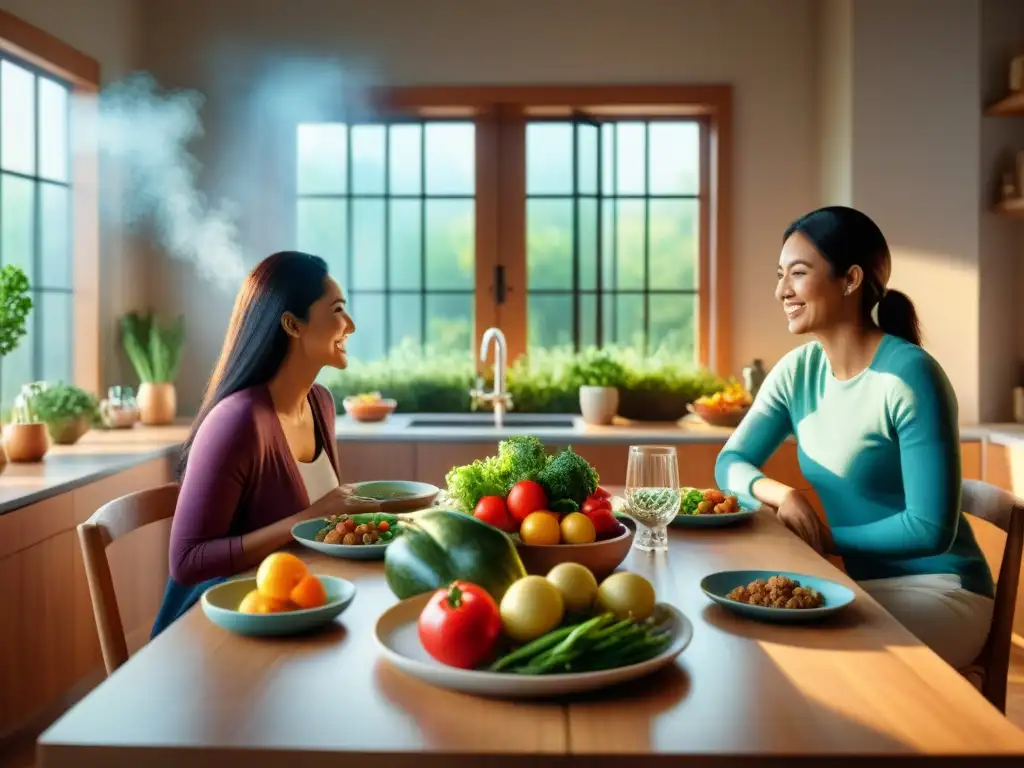 Una escena familiar acogedora en una cocina vibrante con mesa de madera y comida paleo sin gluten