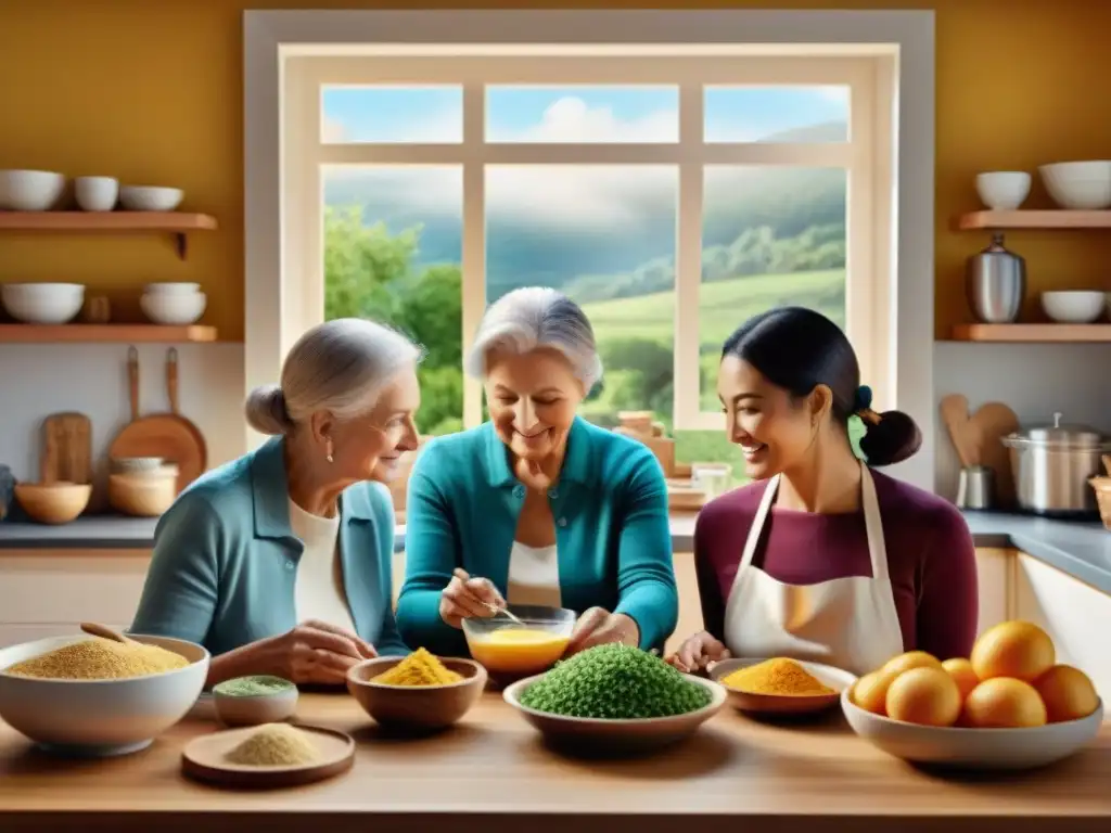 Una escena familiar cálida y tradicional de tres generaciones cocinando juntas recetas familiares sin gluten