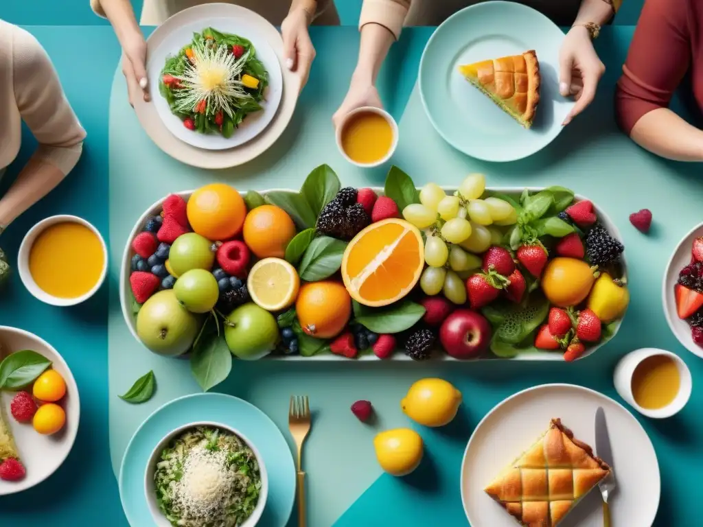 Una escena festiva y diversa de personas disfrutando de una comida sin gluten beneficios