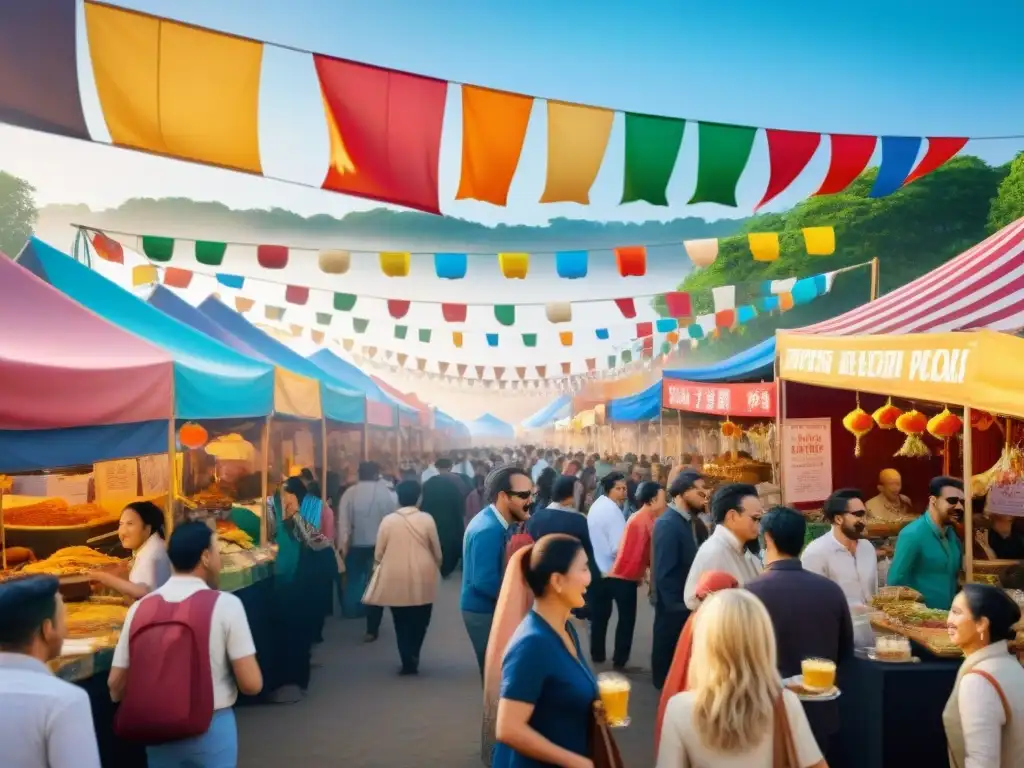 Escena festiva sin gluten: coloridos puestos de comida internacional en un animado festival, con personas de diferentes culturas disfrutando