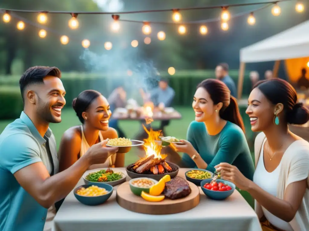 Una escena festiva de barbacoa sin gluten con diversidad de personas disfrutando platos deliciosos al atardecer