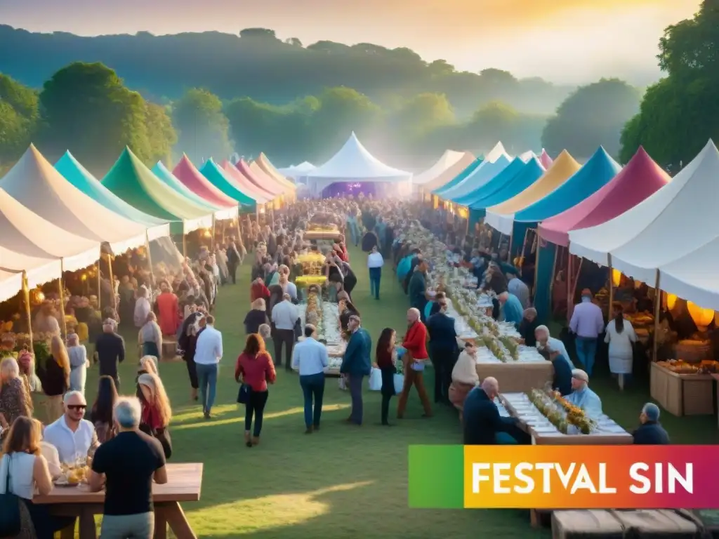 Escena festiva sin gluten alrededor: gente disfrutando de platos coloridos y actividades animadas en un festival alegre y vibrante