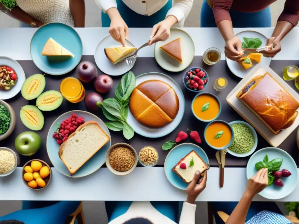 Una escena festiva con un grupo disfrutando de una mesa llena de productos sin gluten de calidad