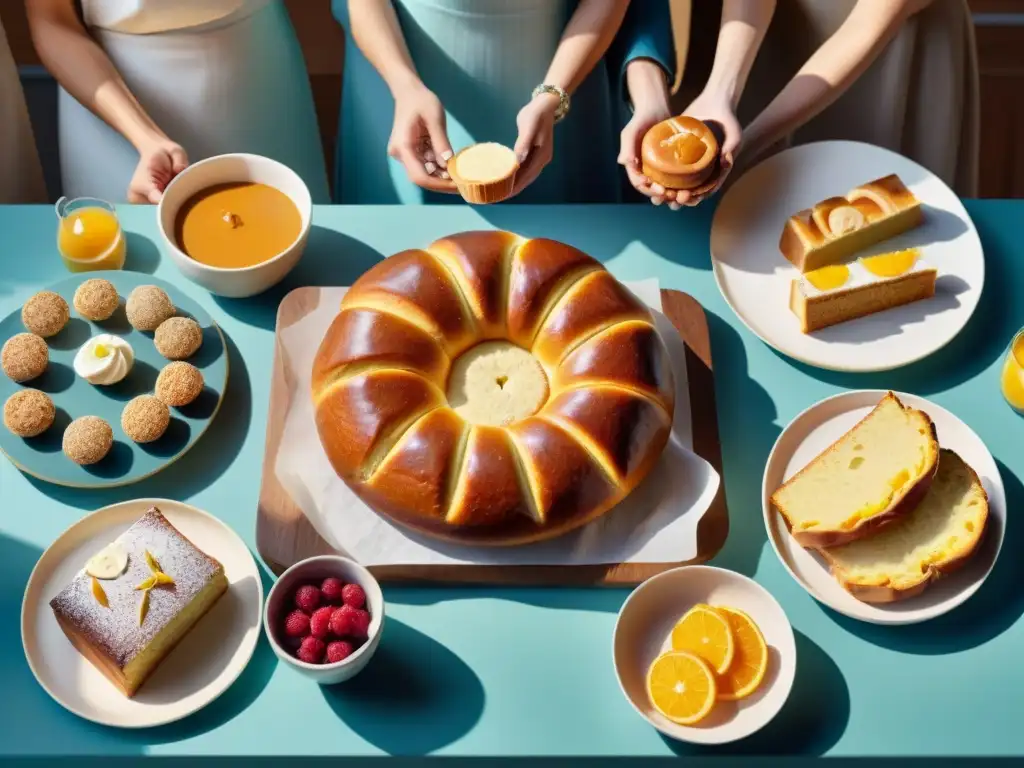 Una escena festiva de personas reunidas alrededor de una mesa decorada con panadería sin gluten