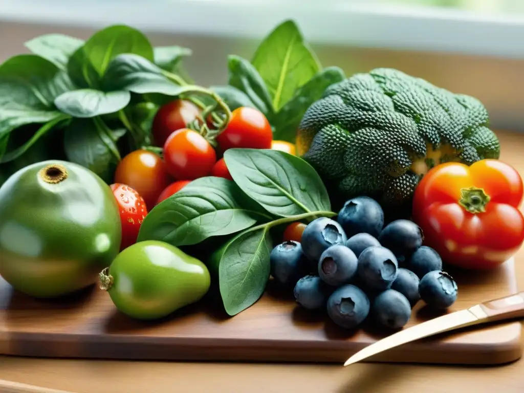 Una escena fresca y colorida de frutas y verduras en una tabla de madera, evocando los beneficios de una dieta sin gluten bajos carbohidratos