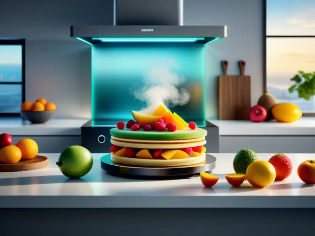 Escena futurista: cocina con alimentos impresos en 3D sin gluten en detalles vibrantes y coloridos