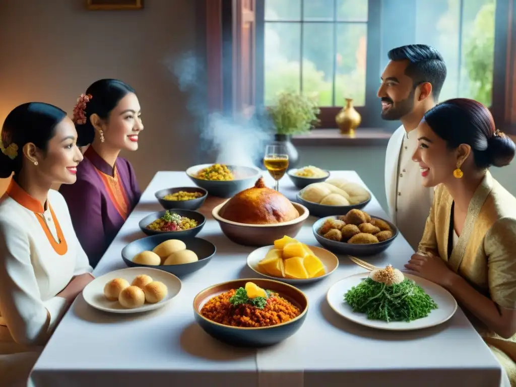 Una escena con gente de distintas culturas en una mesa llena de platillos sin gluten, uniendo tradiciones gastronómicas