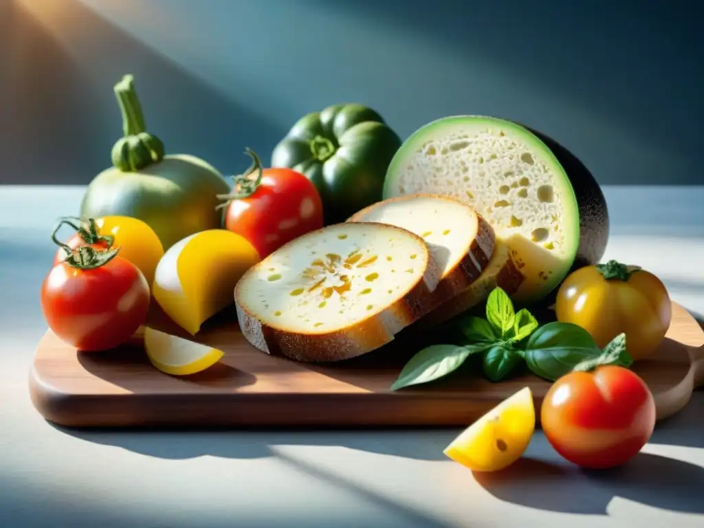 Escena gourmet sin gluten: tabla de cortar de madera con ingredientes frescos y coloridos bajo la cálida luz del sol