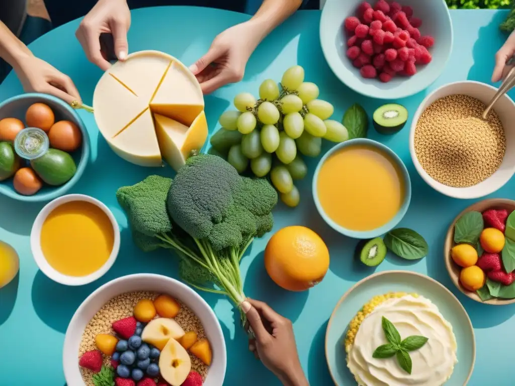 Una escena de grupo disfrutando de una comida saludable con frutas frescas, lácteos y granos sin gluten