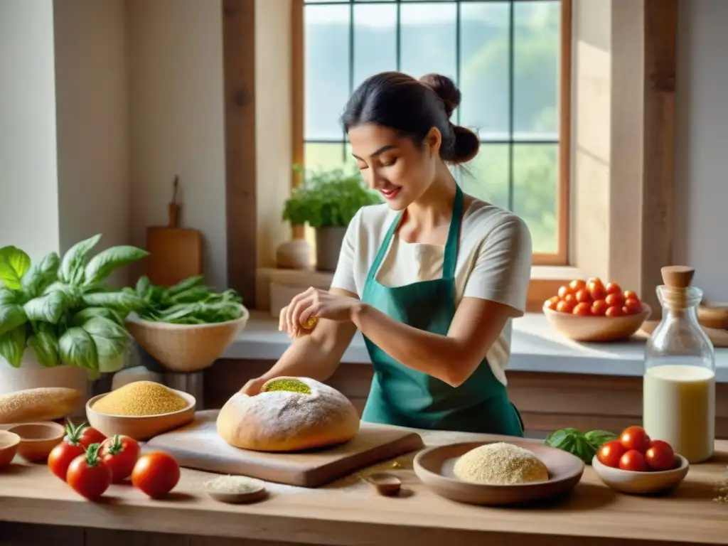 Una escena hogareña de invierno con una mujer amasando masa sin gluten, rodeada de ingredientes frescos y coloridos