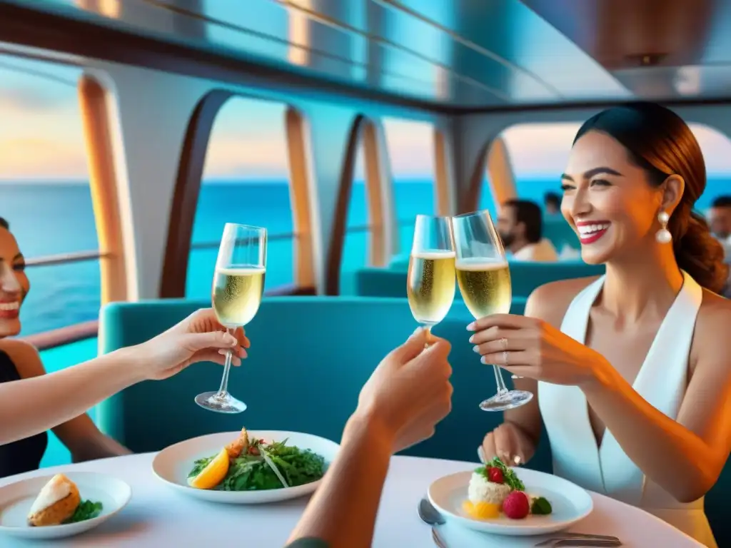 Una escena idílica en crucero: pasajeros disfrutan de una comida gourmet sin gluten en cubierta, brindando con champagne al atardecer