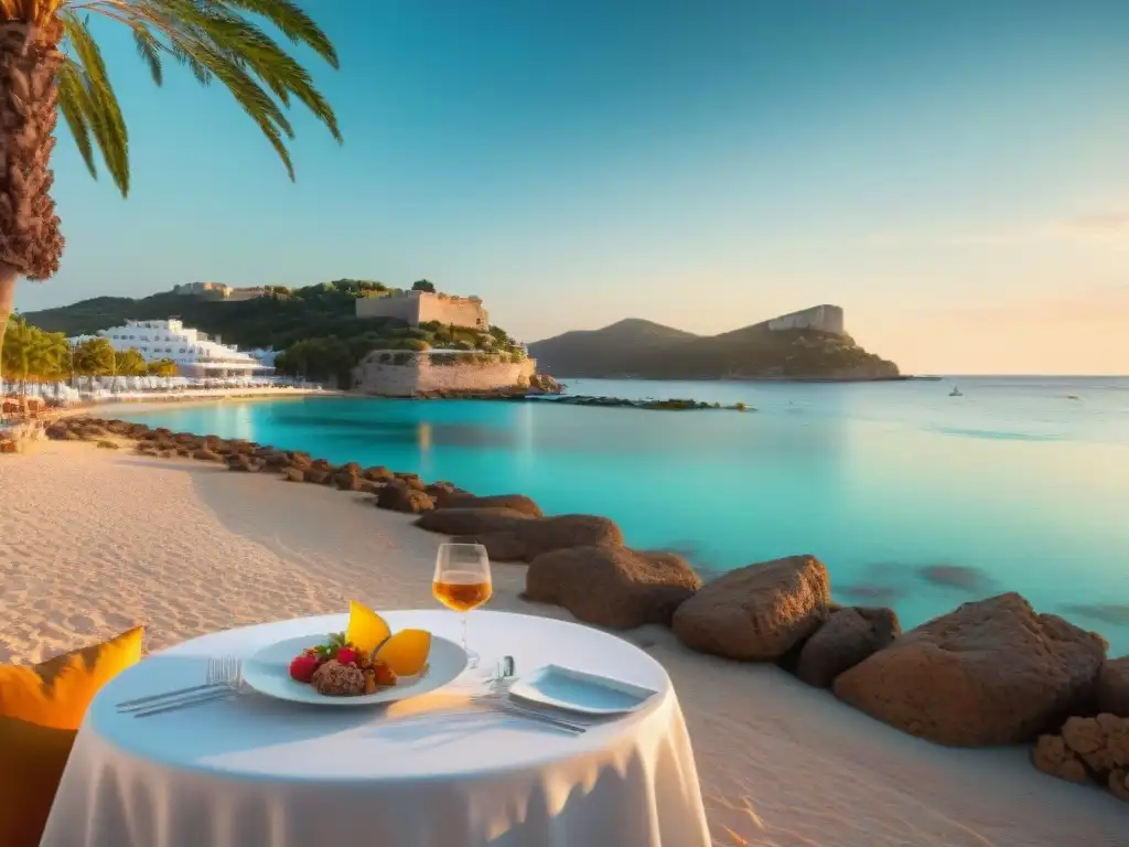 Una escena idílica en Ibiza: cocina sin gluten en un restaurante frente al mar al atardecer, con aguas turquesas y palmeras