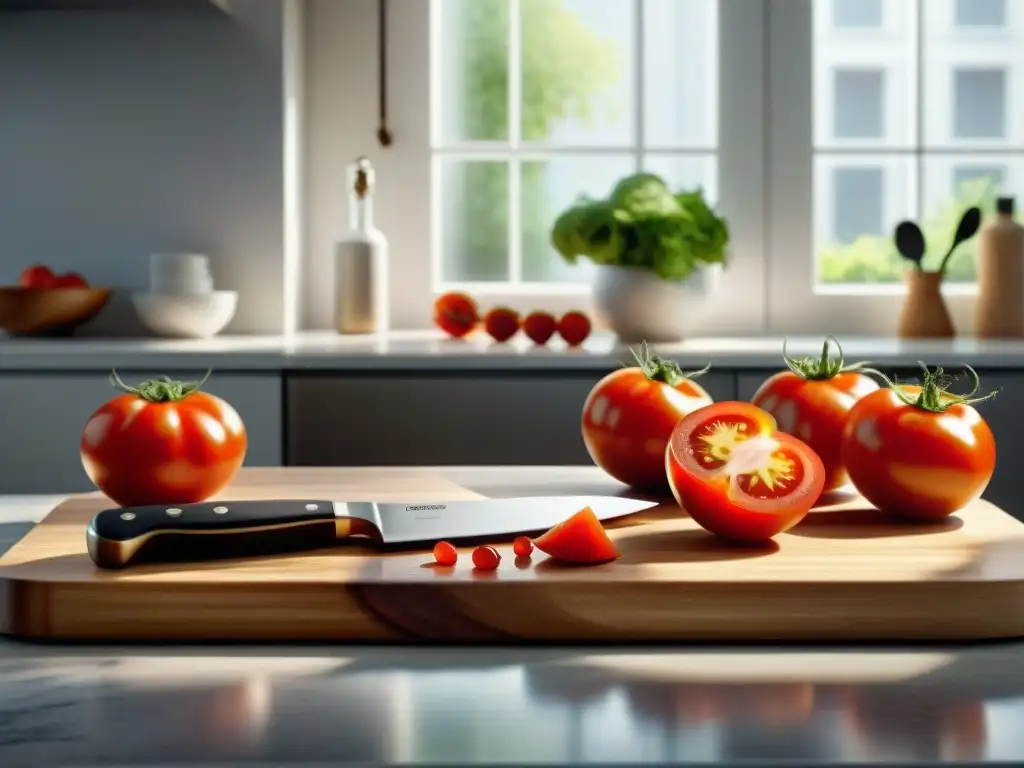 Escena impecable en cocina organizada, corte de tomate fresco