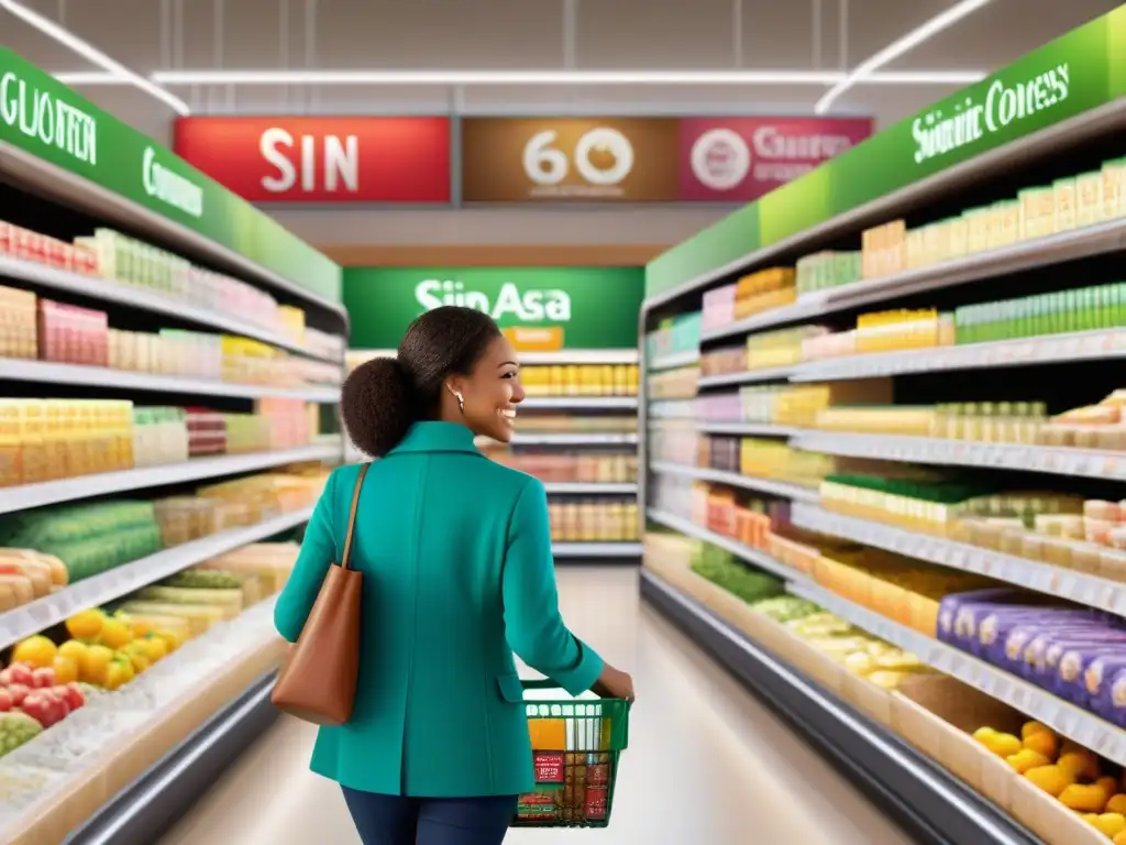 Una escena inclusiva y saludable de compras sin gluten en supermercado, con diversidad y alegría