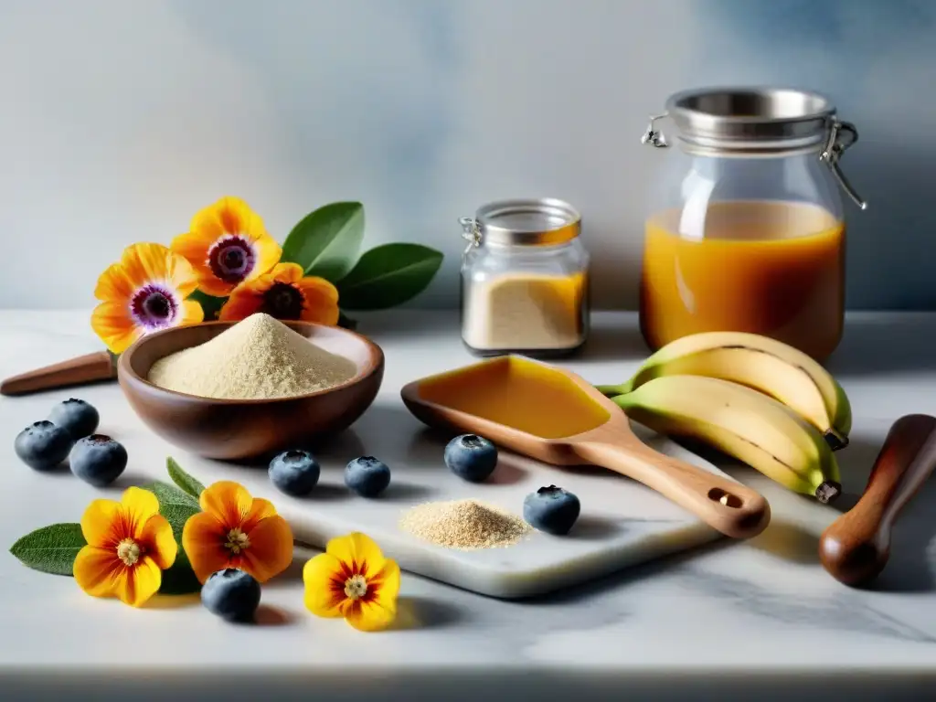 Escena de ingredientes y utensilios de repostería en mármol: rodillo de madera, tazas medidoras, frutas y flores