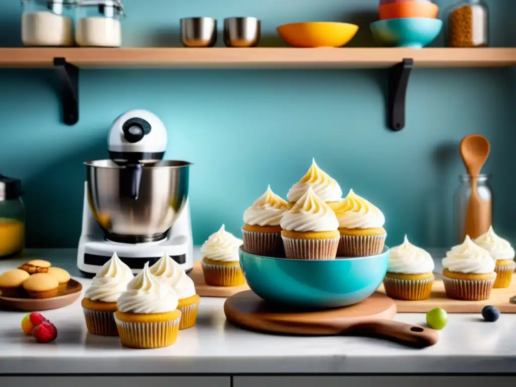 Escena inspiradora de cocina con electrodomésticos para hornear sin gluten y cupcakes coloridos recién horneados