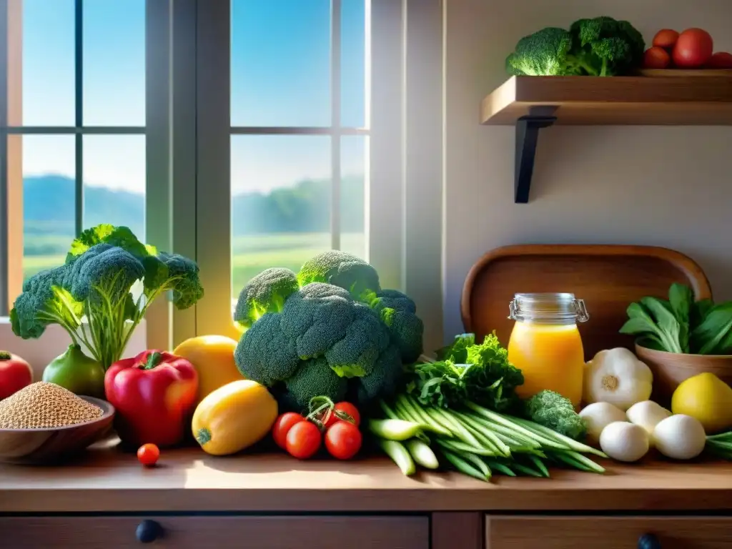 Una escena inspiradora de cocina sin gluten técnicas con ingredientes vibrantes en una mesa de madera rústica